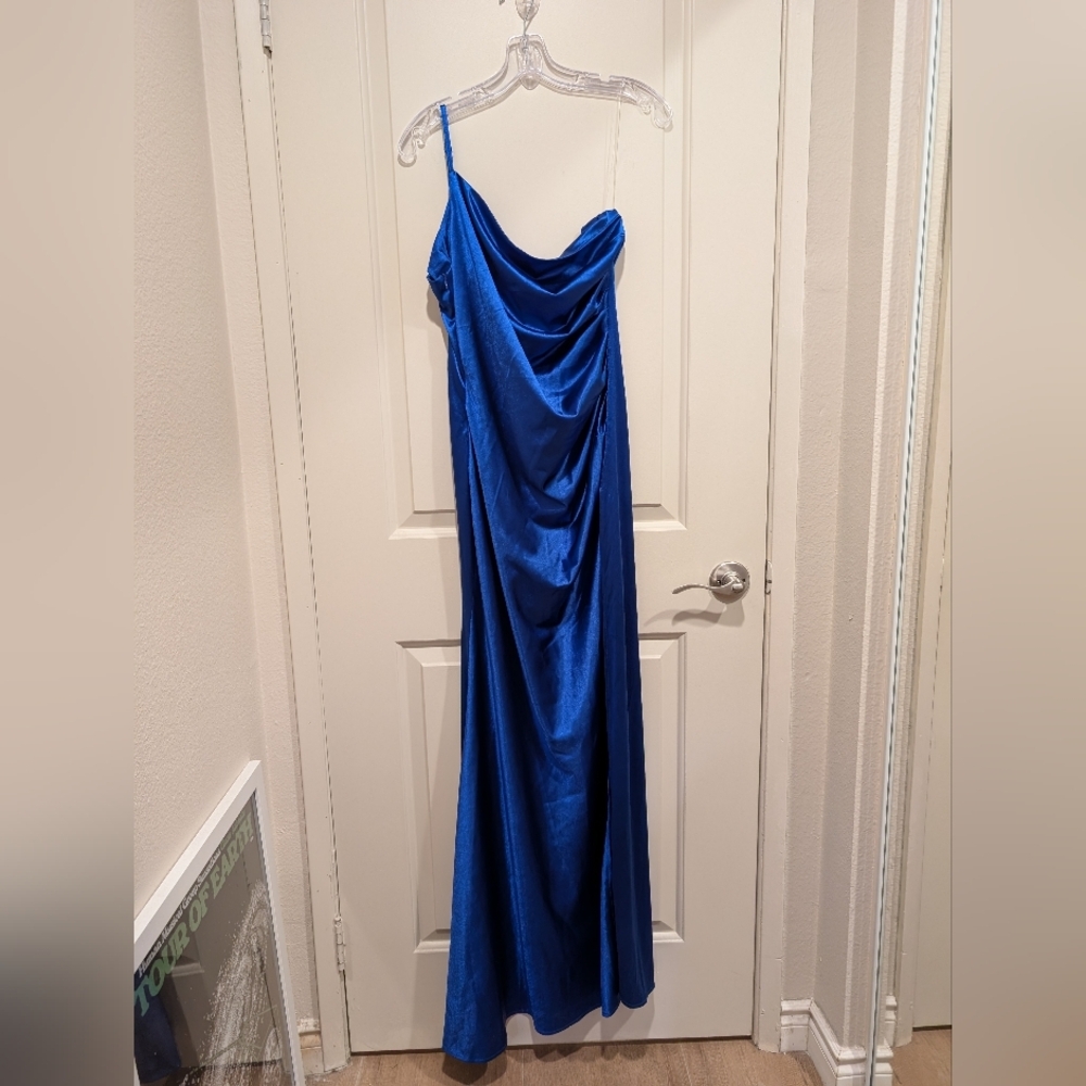 Faeriesty One Shoulder Sleeveless High Slit Blue Maxi Dress Large - Picture 4 of 12